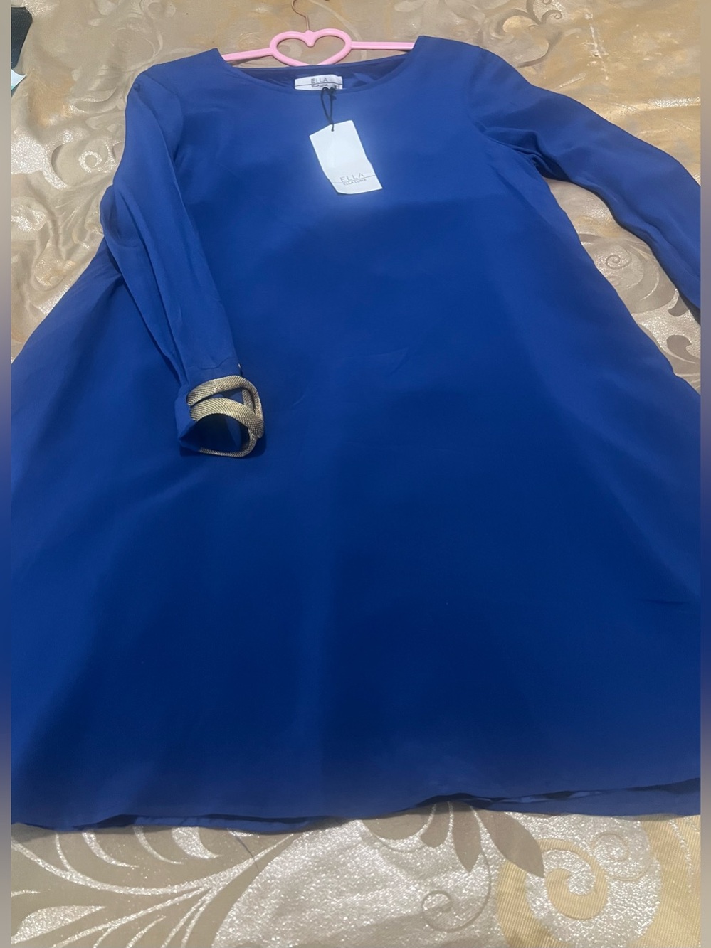NWT Ella Luna Paris 100% SILK Dress Royal Blue Gold Mesh Cuff Small Retail $495